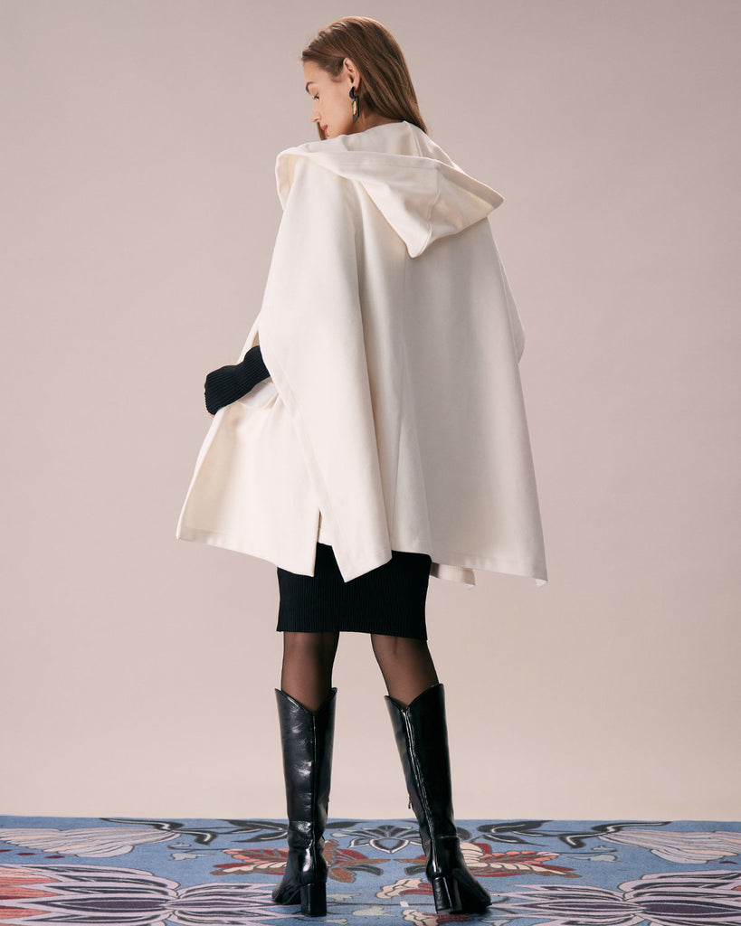 The White Hooded Solid Cape Coat Outerwear - RIHOAS