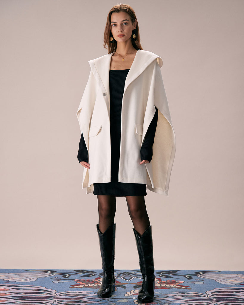 The White Hooded Solid Cape Coat Outerwear - RIHOAS