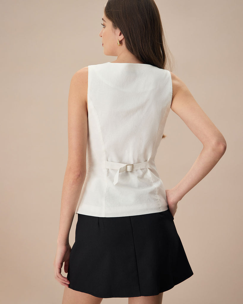 The White Single-breasted Solid Vest Tops - RIHOAS