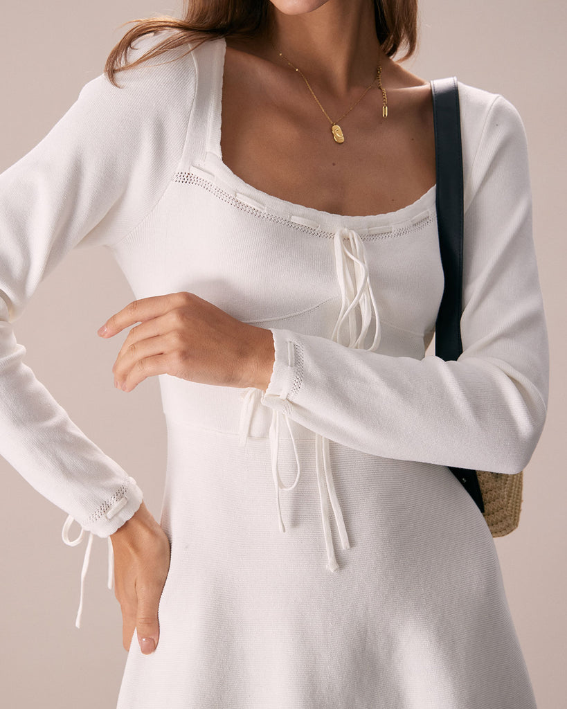 The White Square Neck Tie Sweater Dress Dresses - RIHOAS