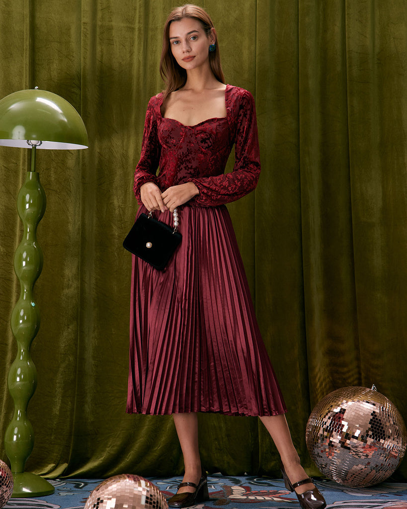 The Wine Red Pleated Midi Skirt Bottoms - RIHOAS