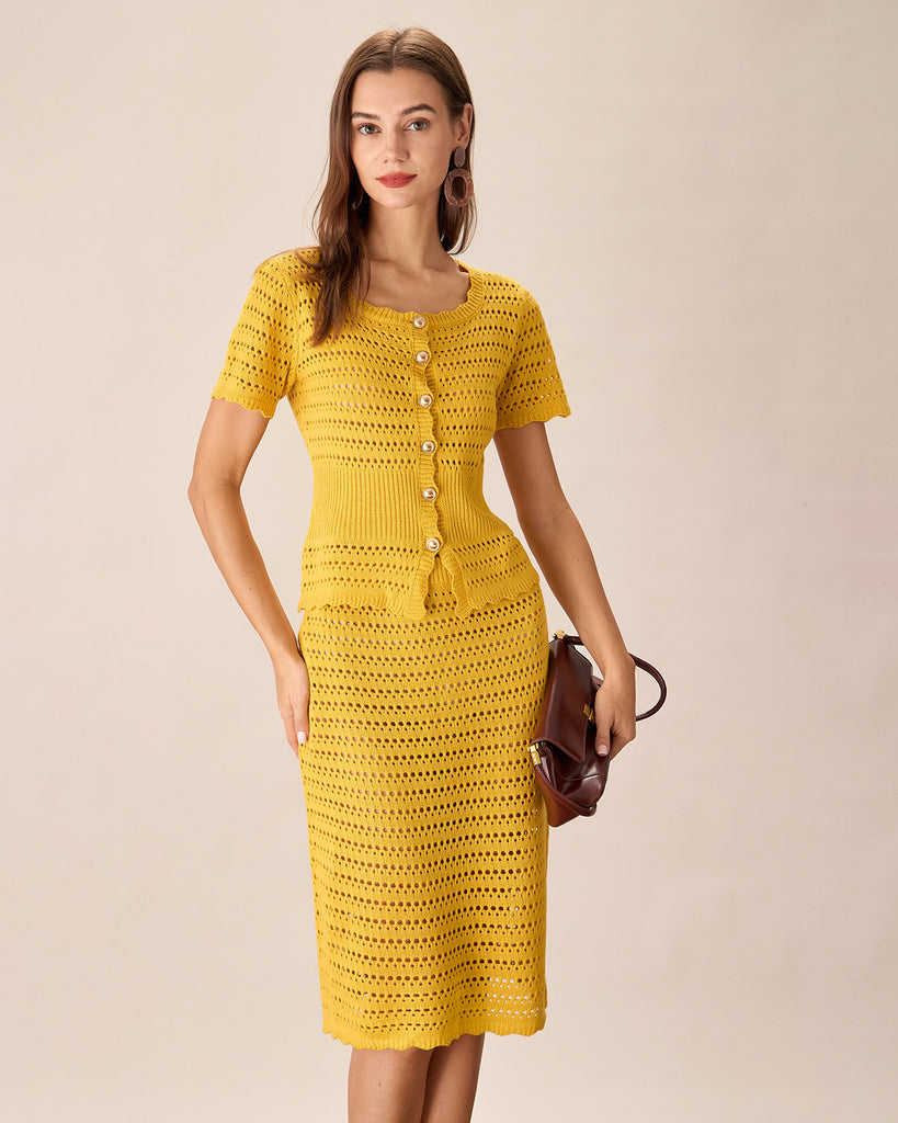 Yellow High-waisted Knee Length Knit Skirt 