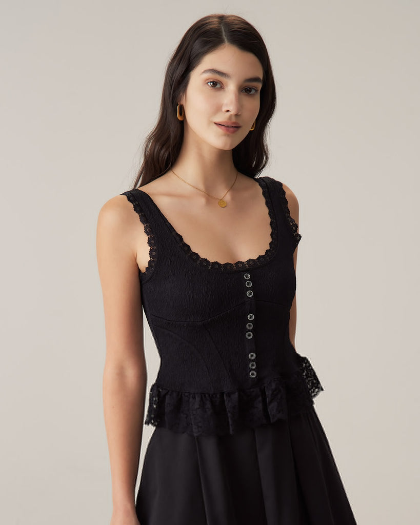 Black Textured U Neck Lace Tank