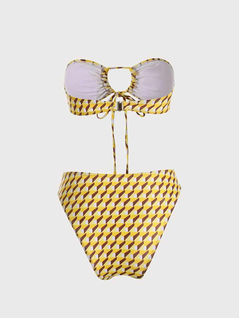 Yellow Geometric Strapless Bikini Sets