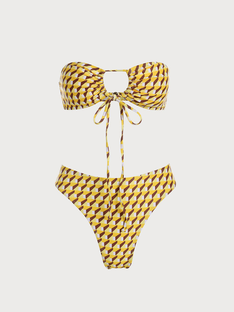 Yellow Geometric Strapless Bikini Sets