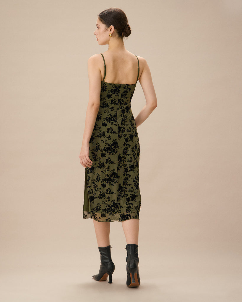 Green Jacquard Ruched Slit Midi Dress