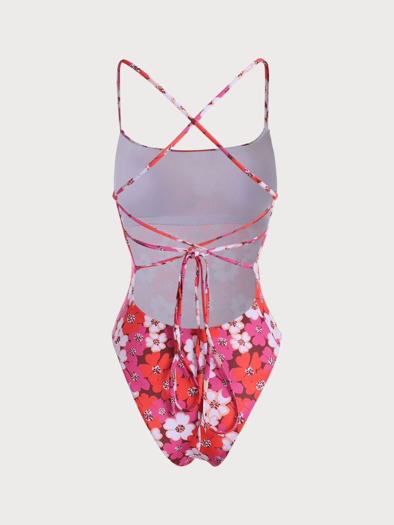 Red Floral Tie-back One-Piece Swimwear