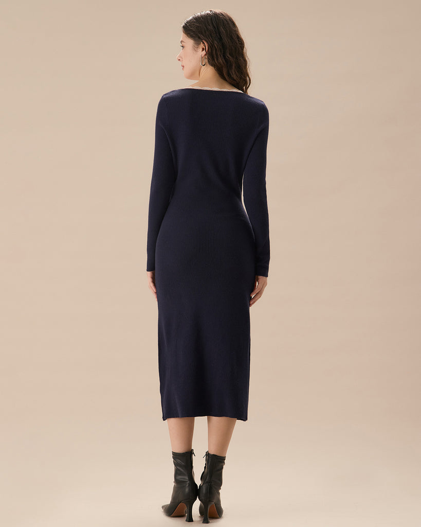 Navy Contrasting Button-Up Sweater Dress