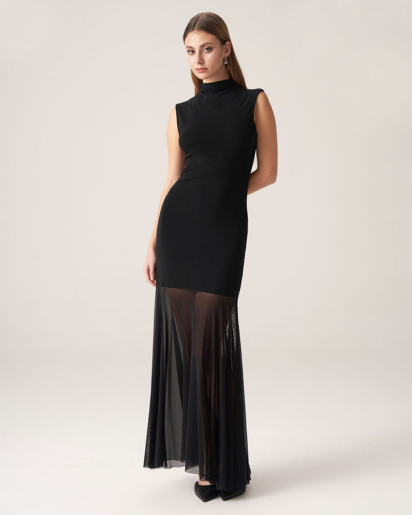 Black Mock Neck Bodycon Maxi Dress