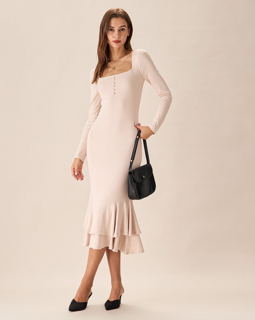 Apricot Square Neck Mermaid Midi Dress