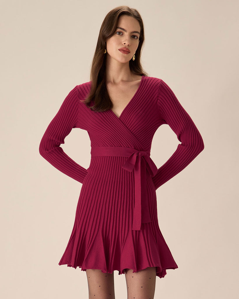 Wine Red Wrap Sweater Mini Dress