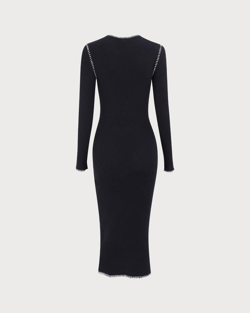 Women's Black Contrasting Ribbed Sweater Midi Dress