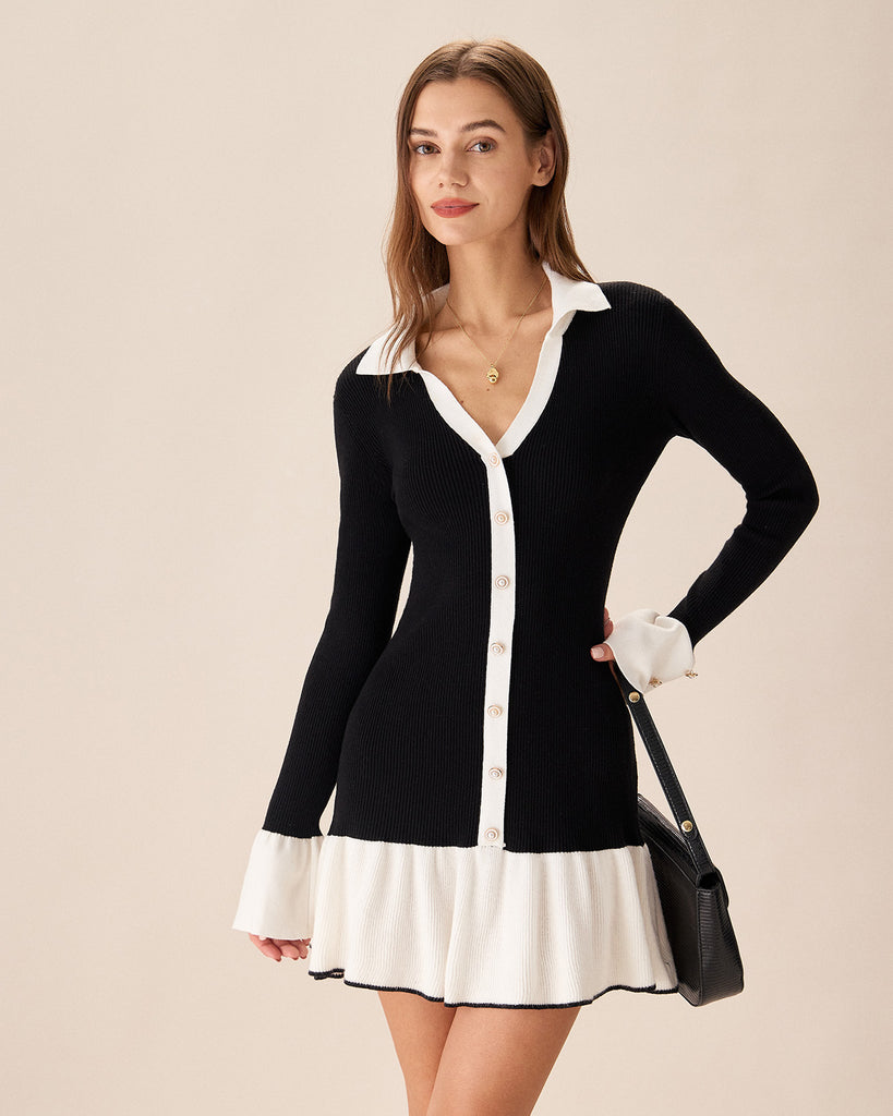 Black Contrasting Bell Sleeve Sweater Dress