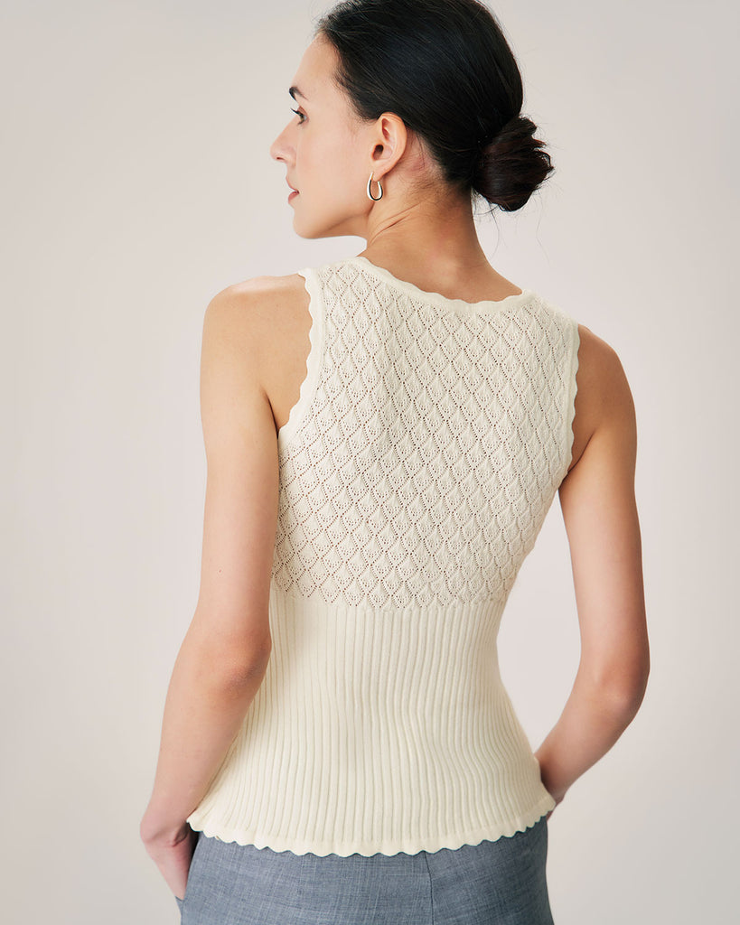 Beige V Neck Ribbed Knit Tank