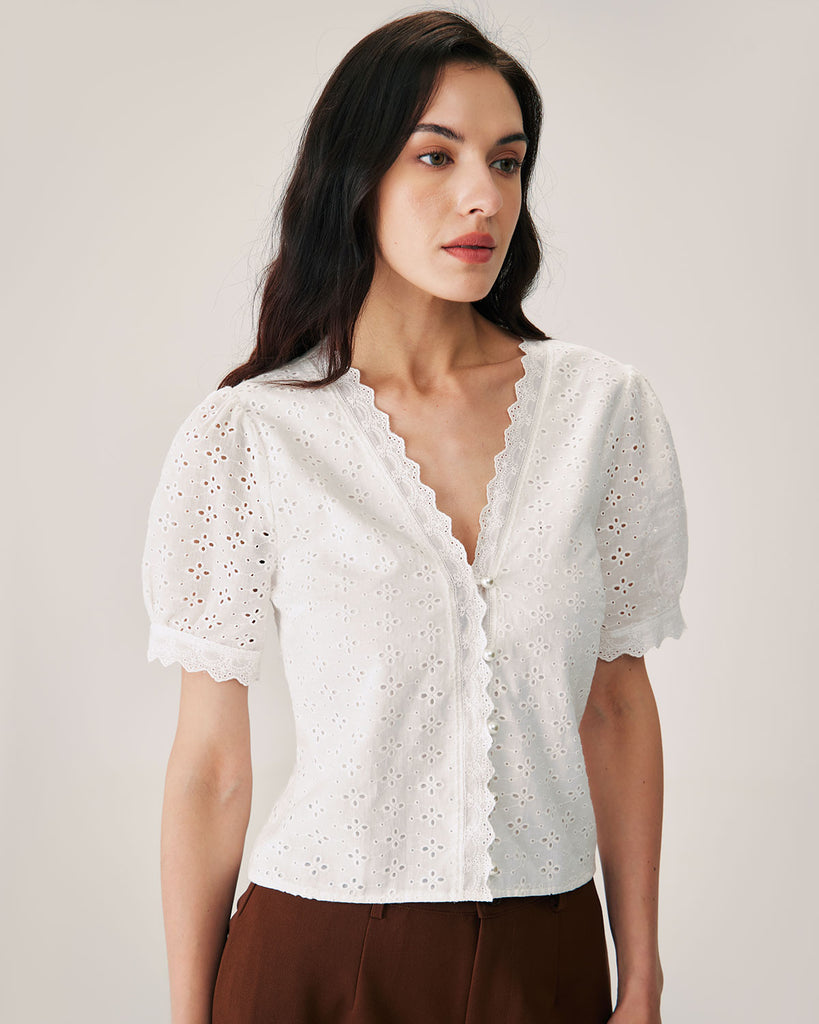 Women Woven Cotton Blouses White Tops - RIHOAS