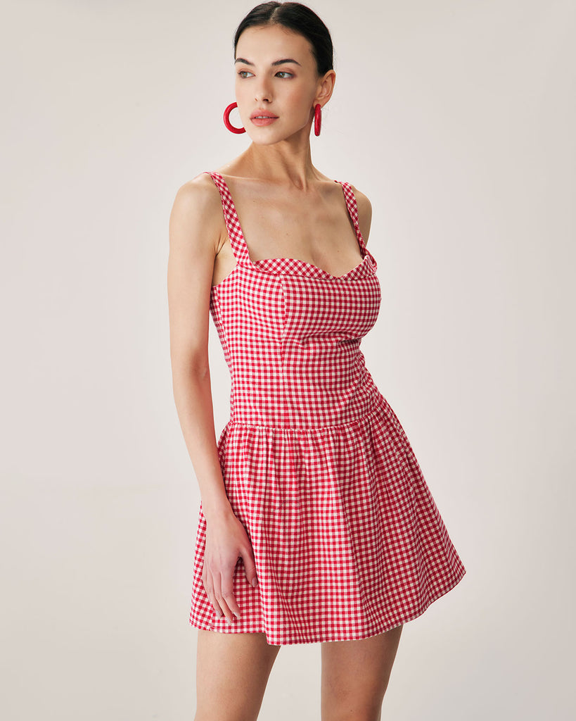 Red Plaid Sweetheart Neck Slip Mini Dress