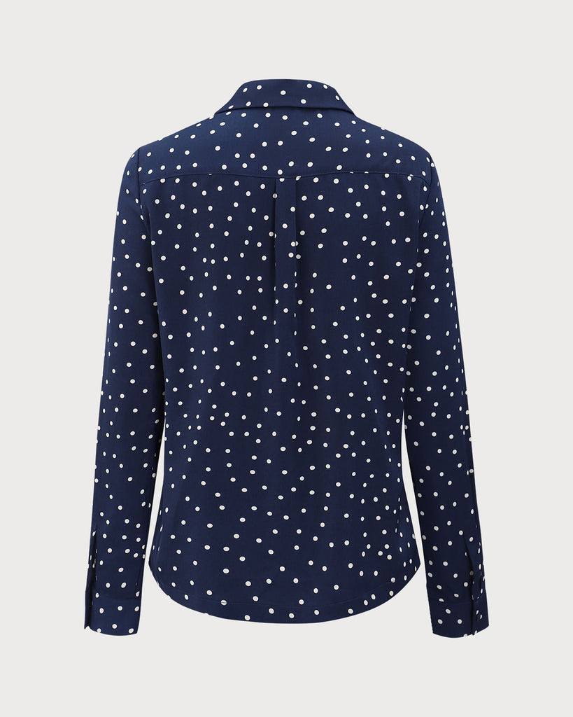 Navy V Neck Polka Dot Pocket Blouse