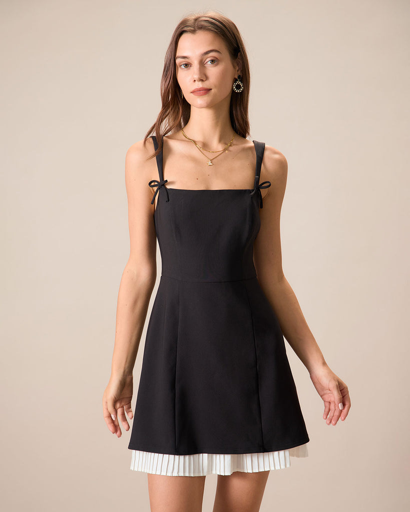  Women's Black Contrasting Bowknot Slip Mini Dress