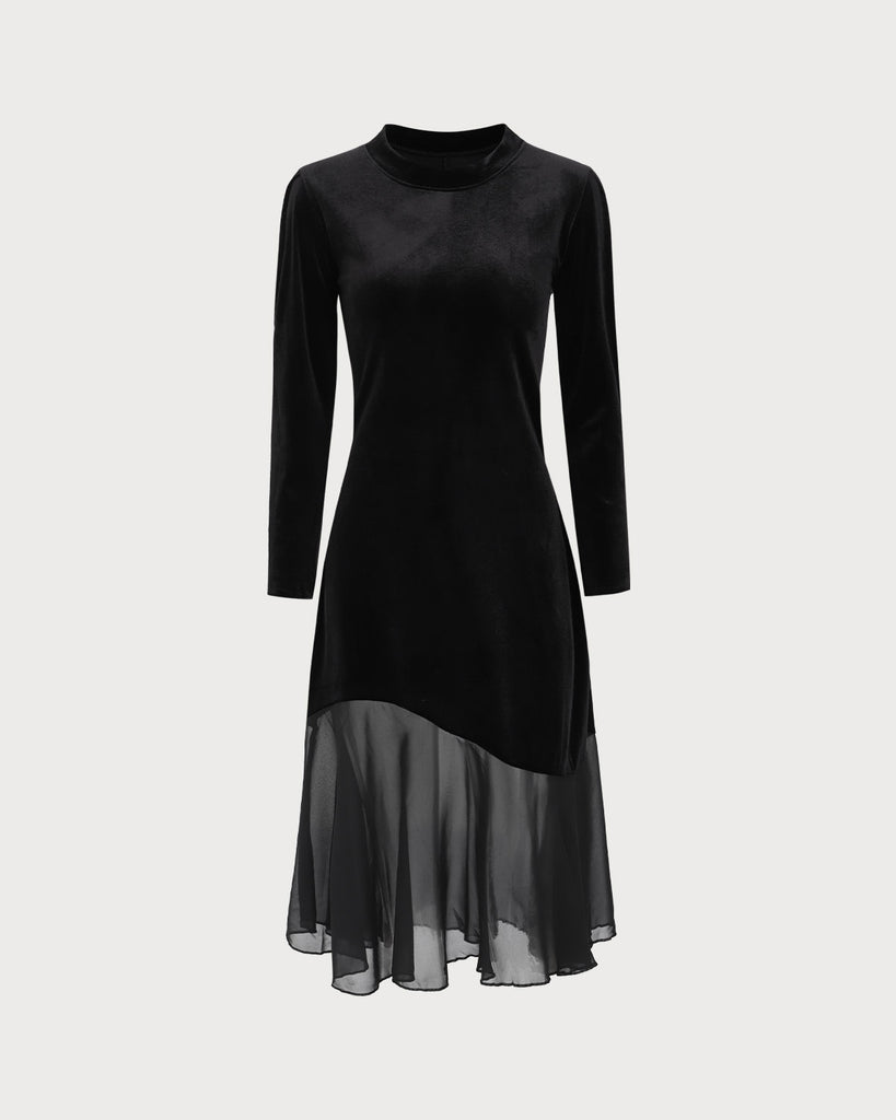 Black Contrasting Velvet Midi Dress