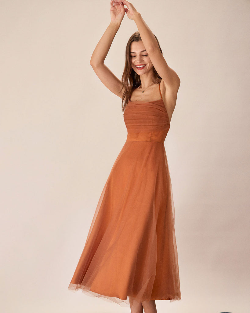 Caramel Mesh Flowy Slip Midi Dress