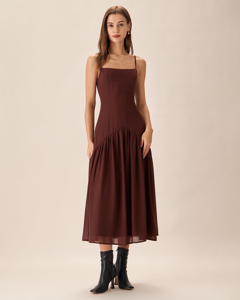 Brown Chiffon Ruched Slip Midi Dress