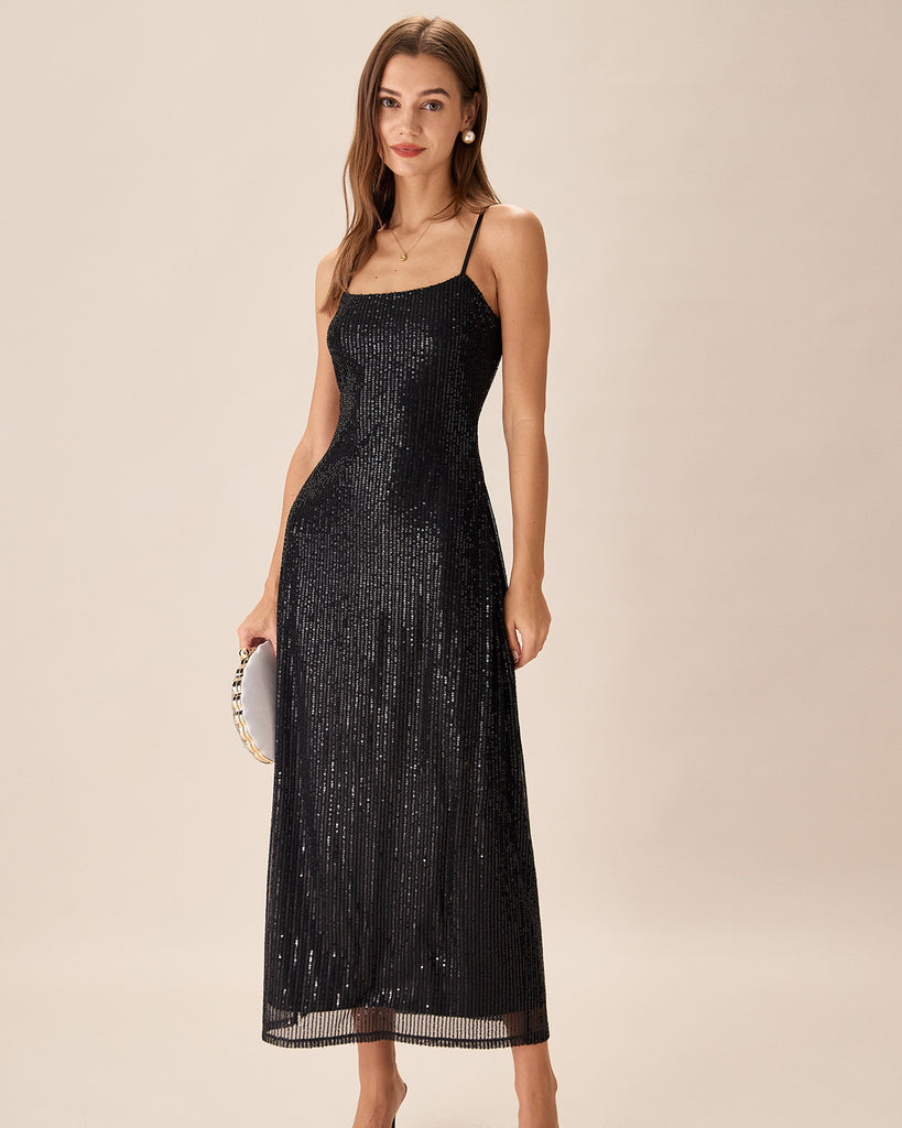 Black Sequin Bodycon Slit Maxi Dress