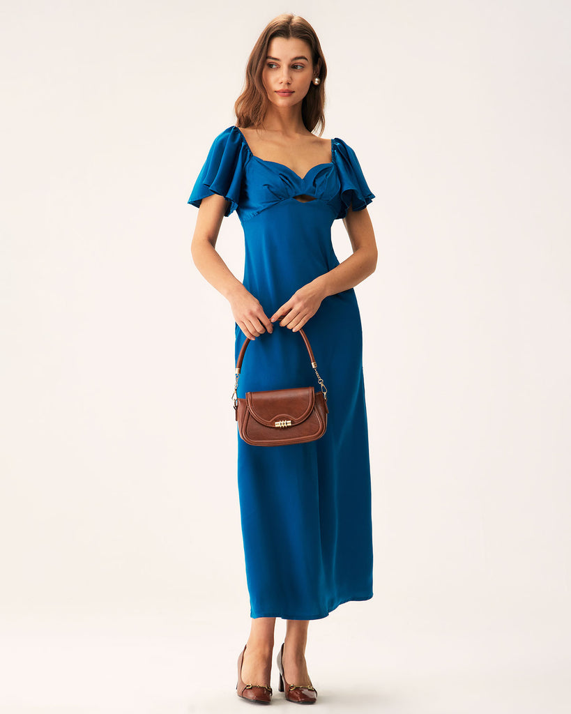 Blue Satin Sweetheart Neck Maxi Dress