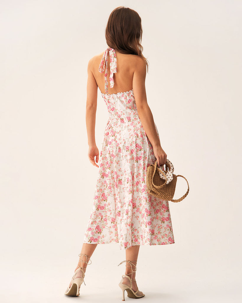 Pink Floral Halter Midi Dress