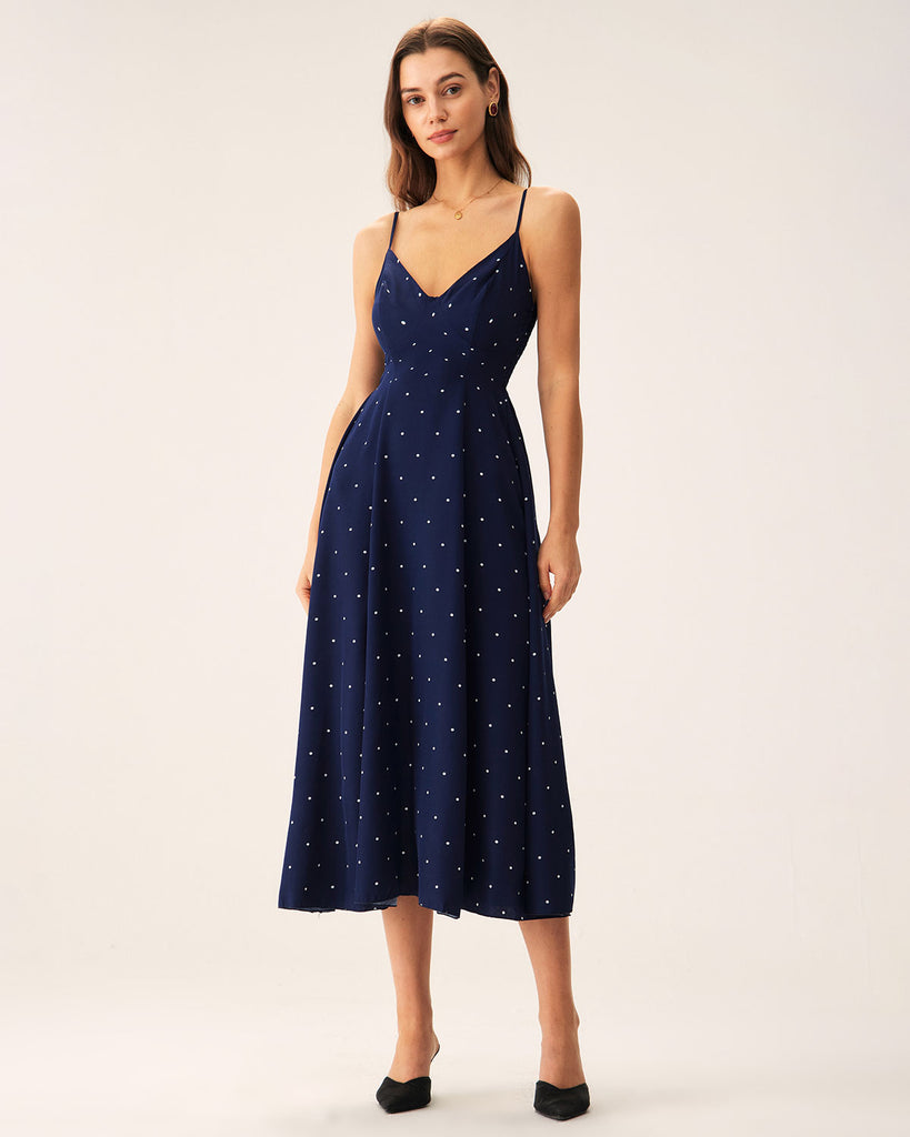 Navy Polka Dot Shirred Slip Midi Dress