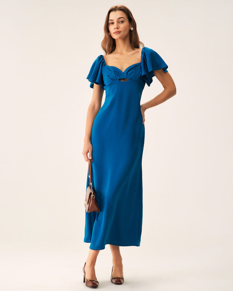 Blue Satin Sweetheart Neck Maxi Dress