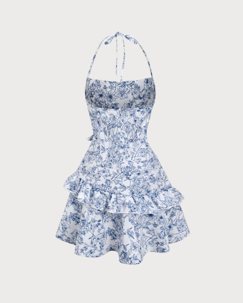 Blue Floral Tiered Halter Mini Dress