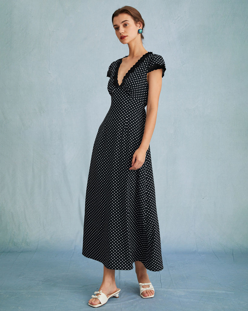 Black Polka Dot V Neck Maxi Dress