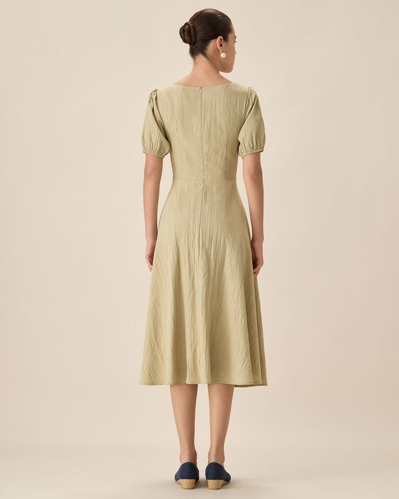 Green Sweetheart Neck Shirred Midi Dress