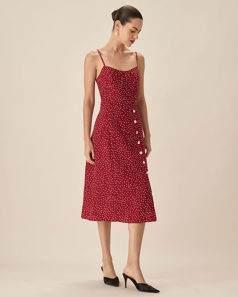 Red Polka Dot Slip Midi Dress