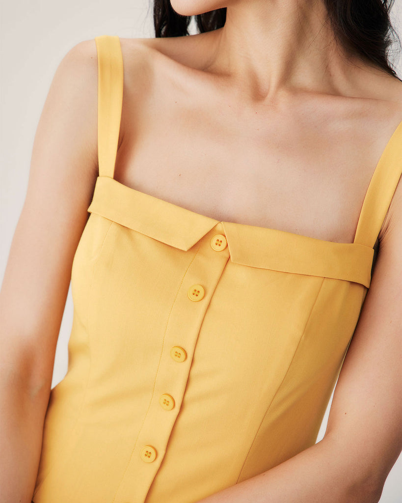 Yellow Button Pleated Slip Midi Dress