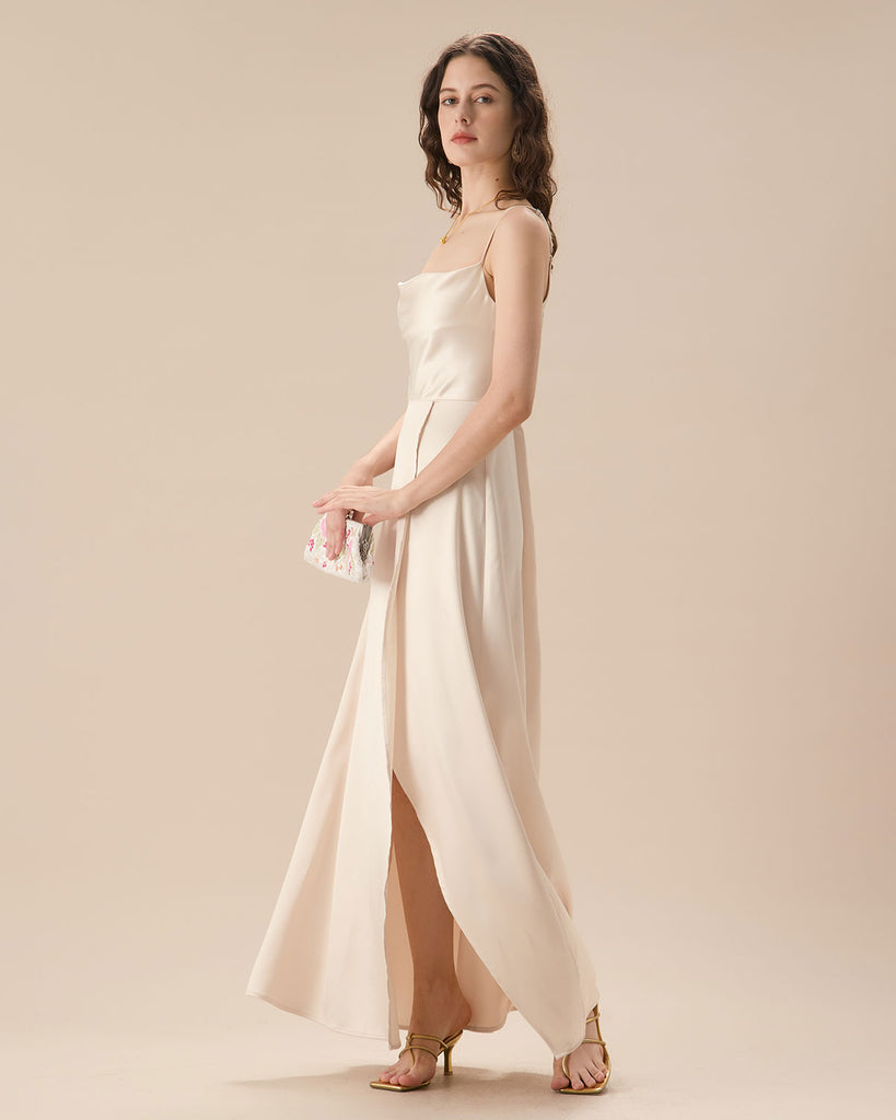 Women's Apricot Satin Cowl Neck Slip Maxi Dress