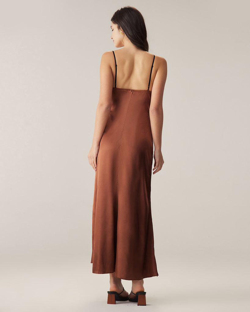 Brown Chiffon V Neck Slip Maxi Dress