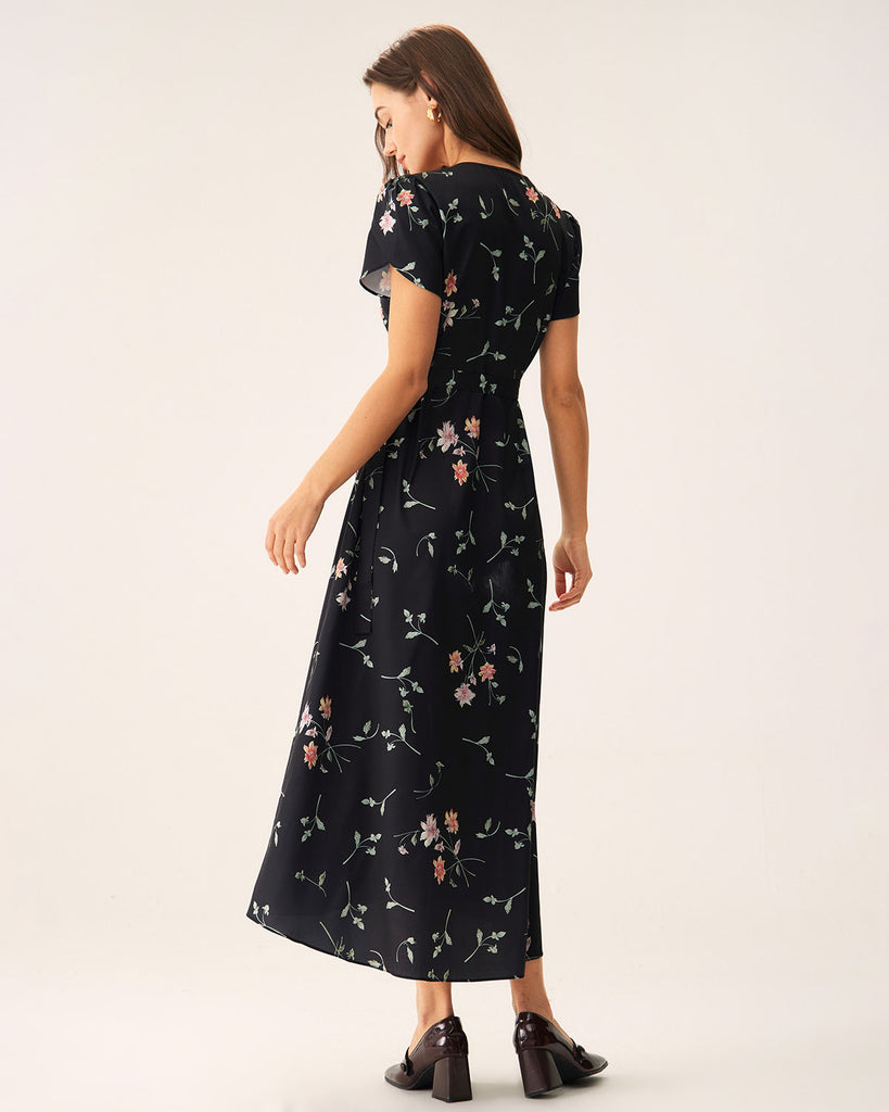 Black Floral Wrap Maxi Dress