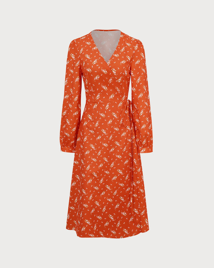 Orange Floral Wrap Midi Dress