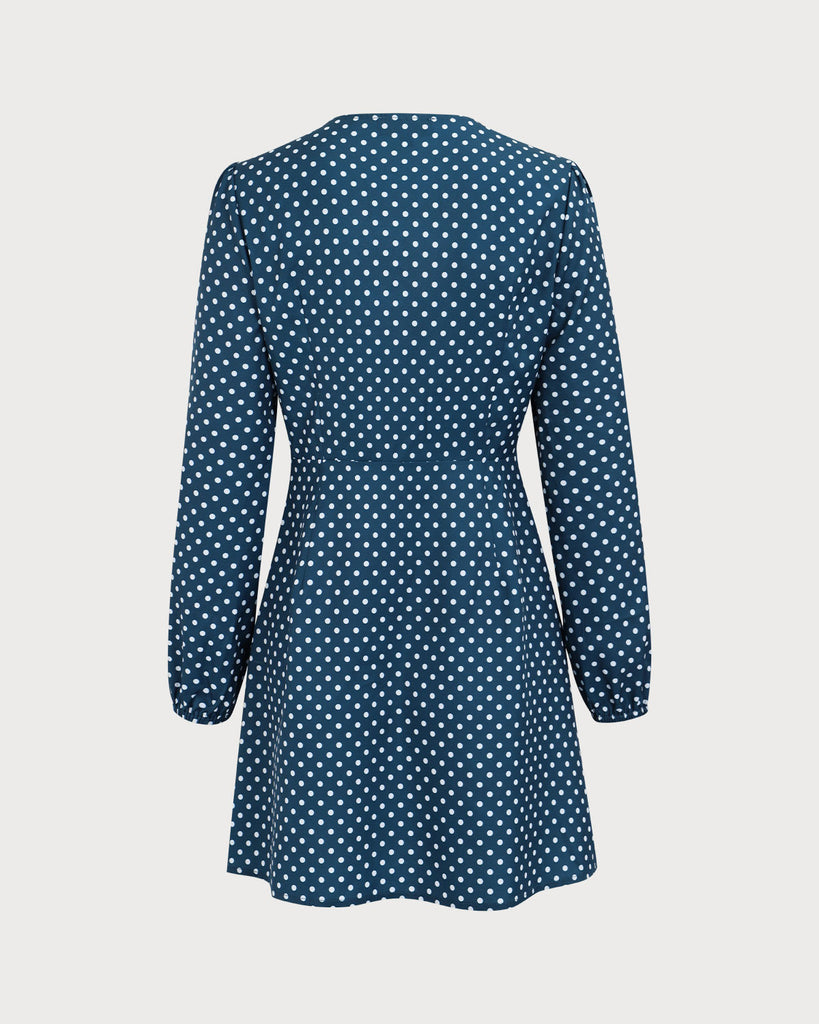 Women's Navy V-neck Polka Dot Mini Dress