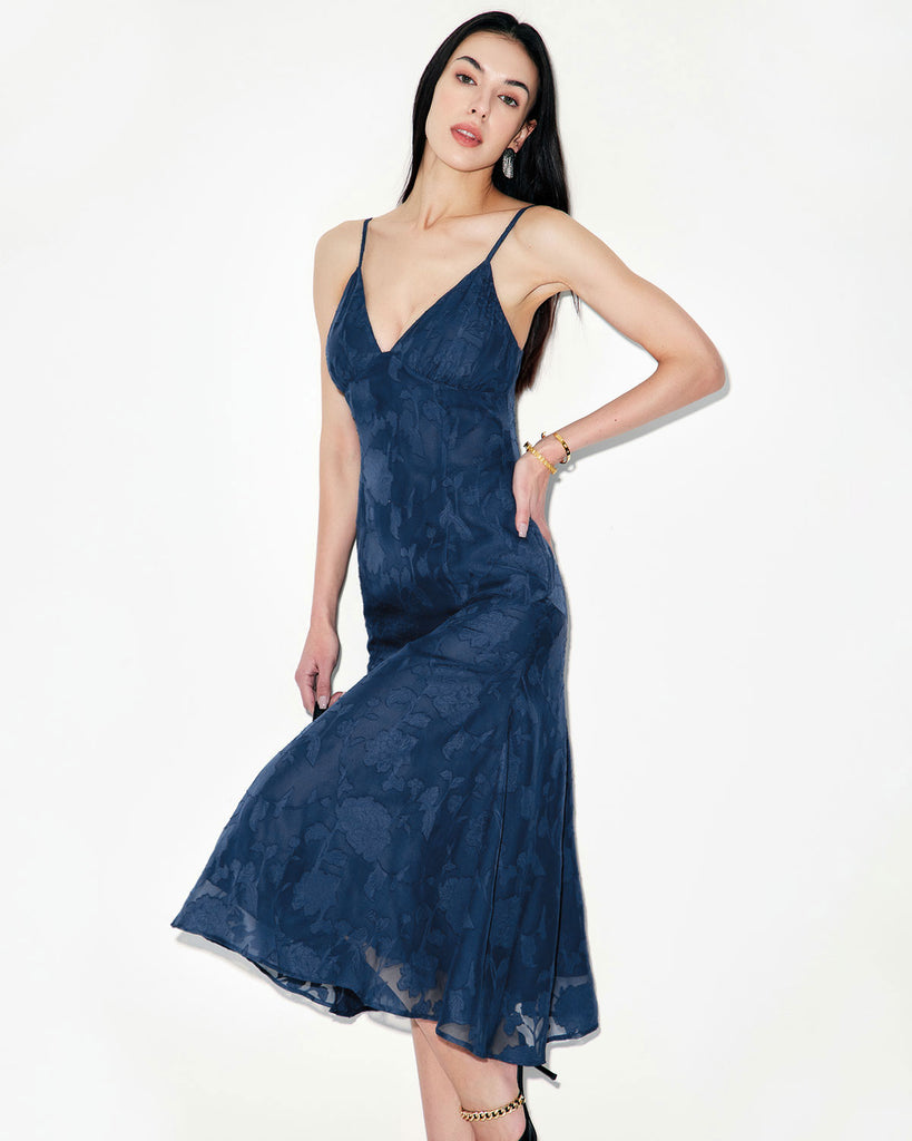 Navy Jacquard Mermaid Slip Midi Dress