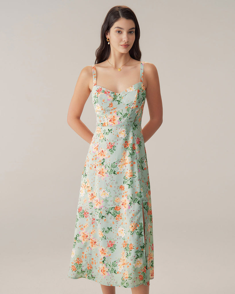 Green Floral Sweetheart Neck Slip Midi Dress