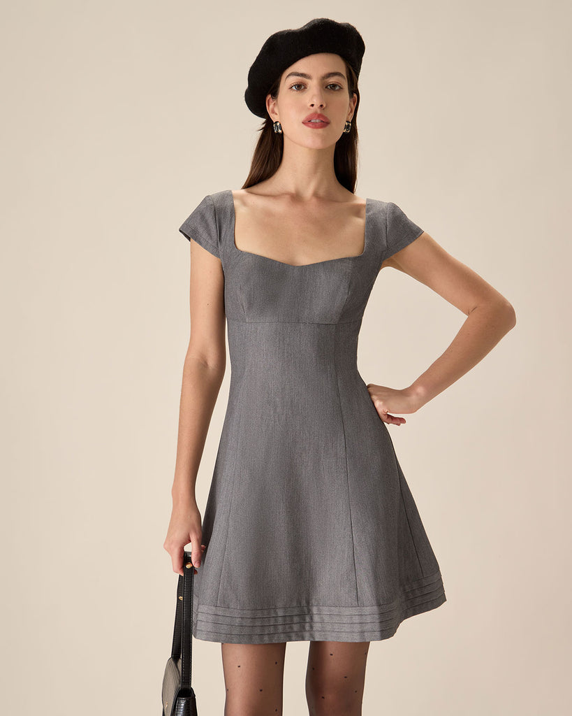 Grey Square Neck A-line Mini Dress