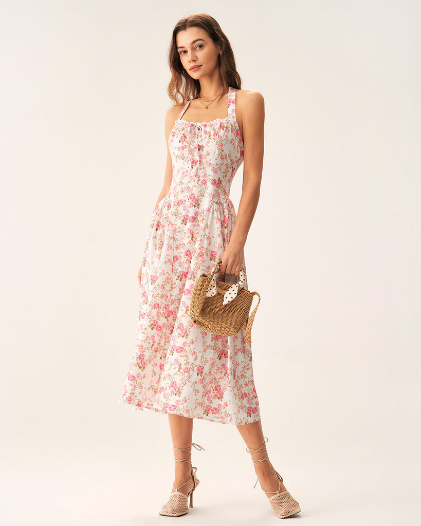 Pink Floral Halter Midi Dress