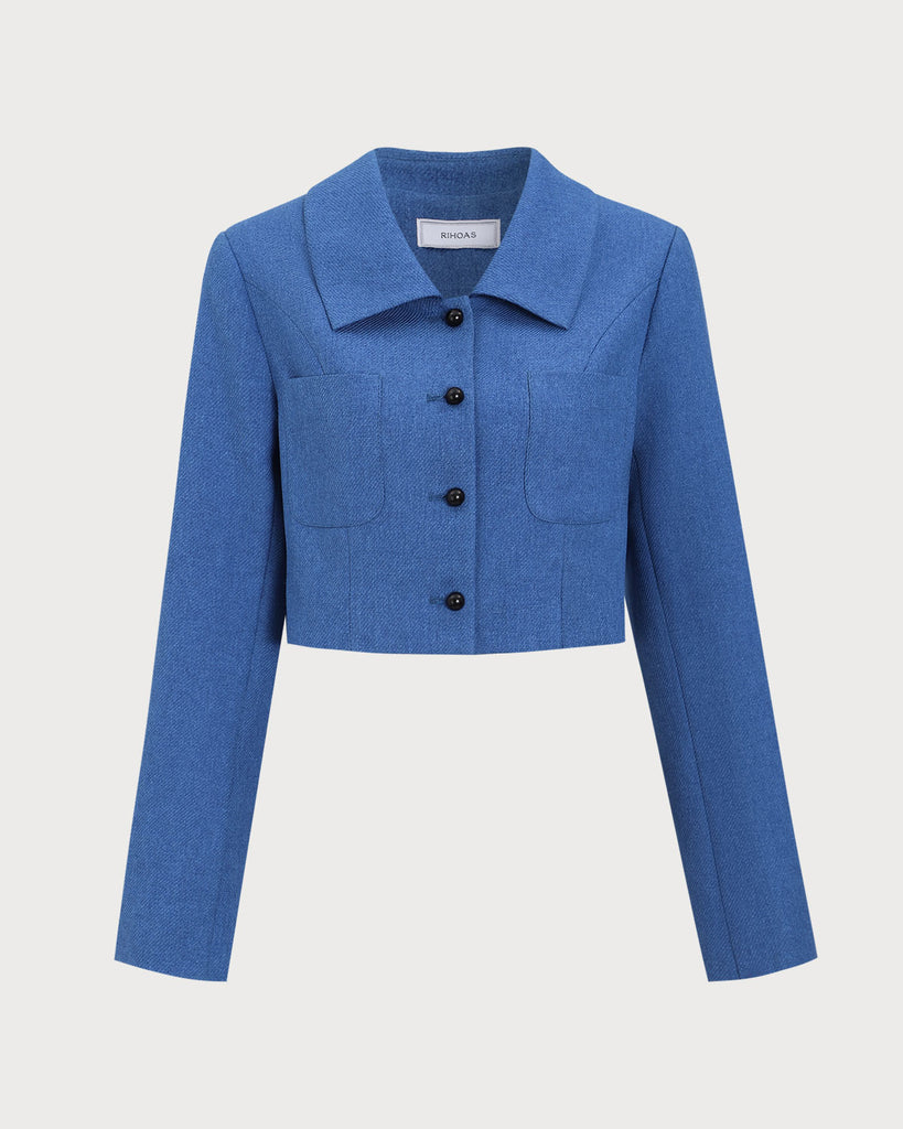 Blue Single-Breasted Pocket Crop Jacket