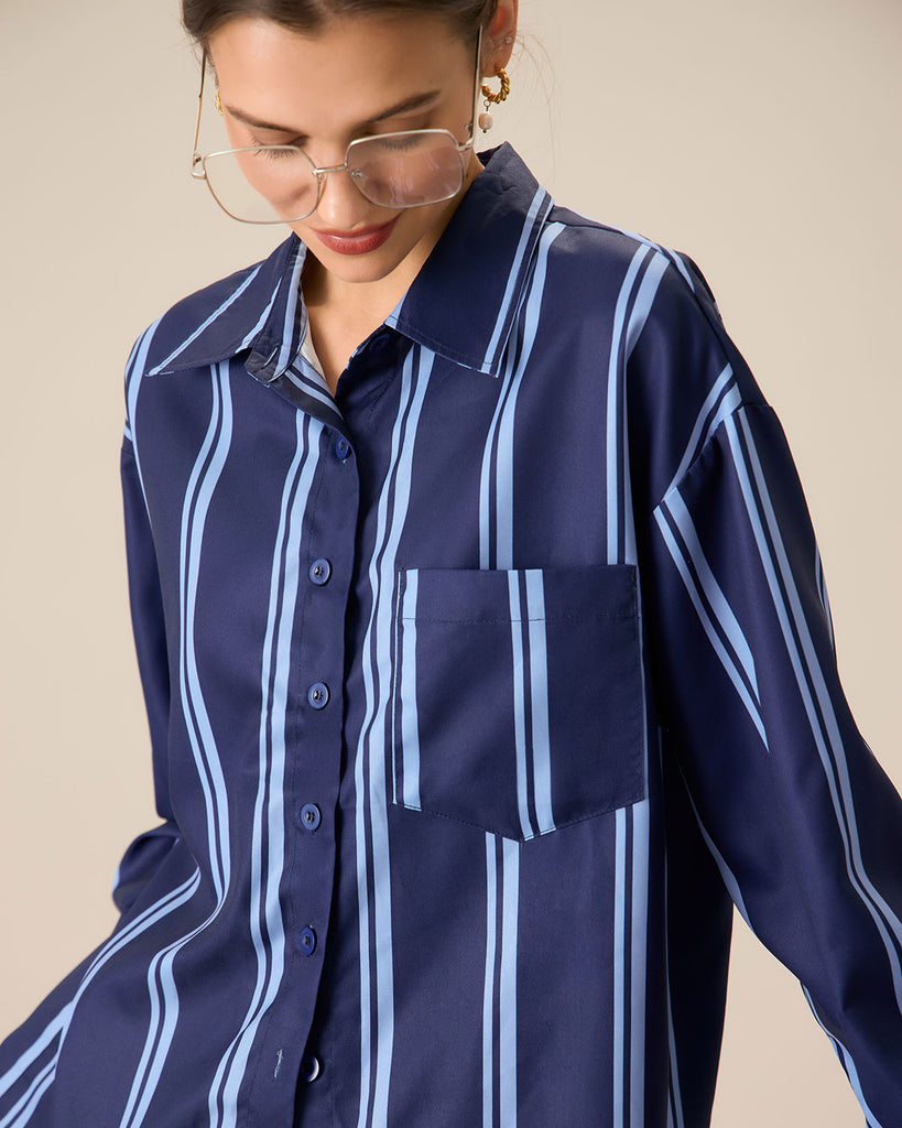 Women's Navy Striped Pocket Shirt