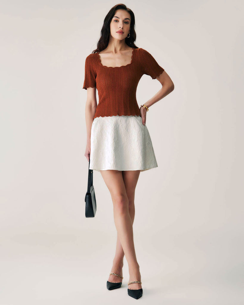 Beige Jacquard A-Line Mini Skirt