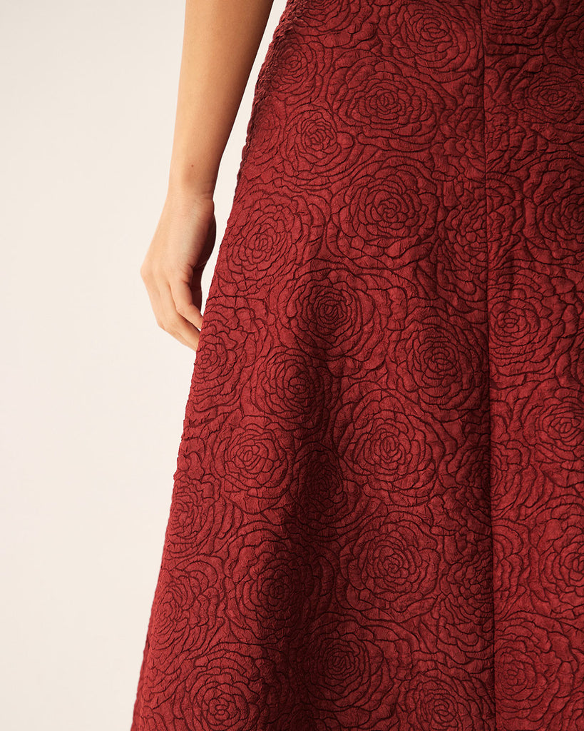 Red Jacquard A-line Midi Skirt