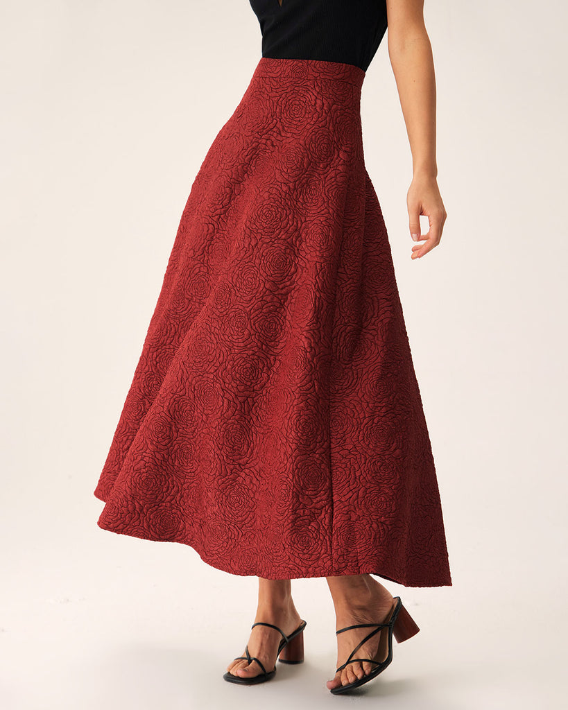 Red Jacquard A-line Midi Skirt