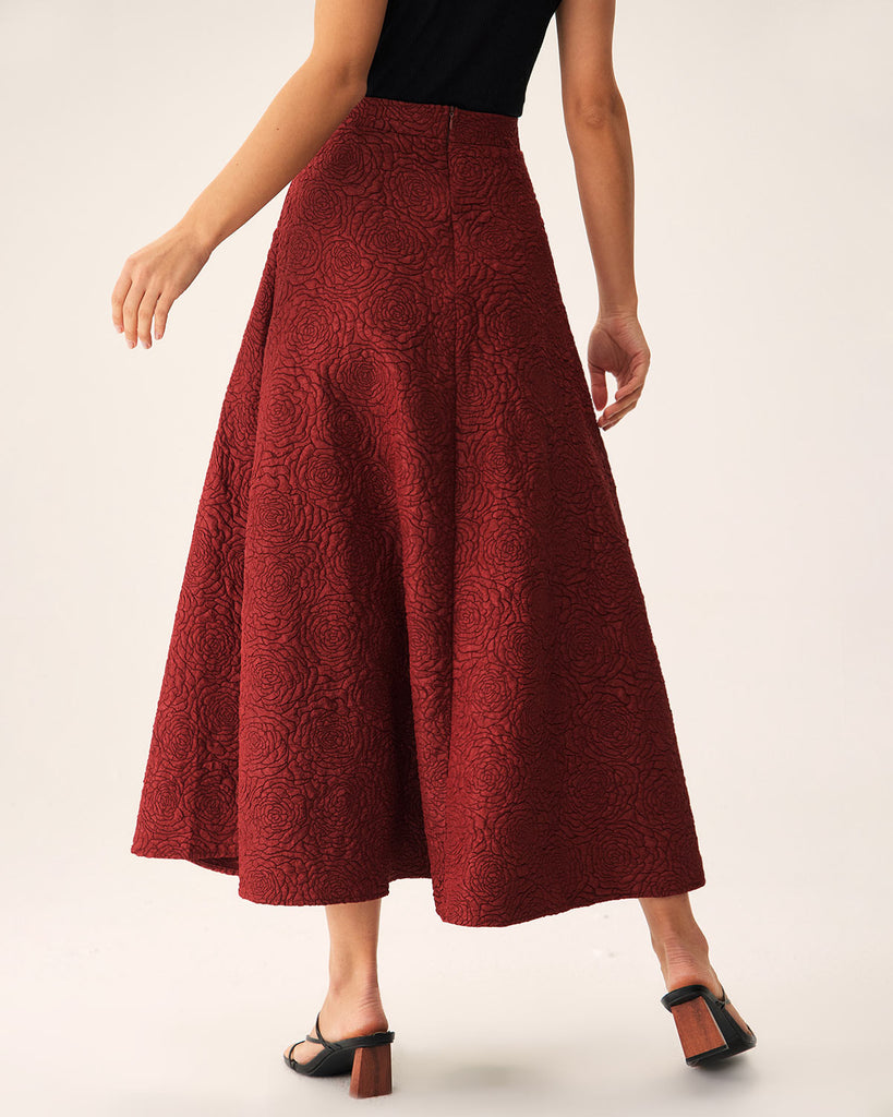 Red Jacquard A-line Midi Skirt